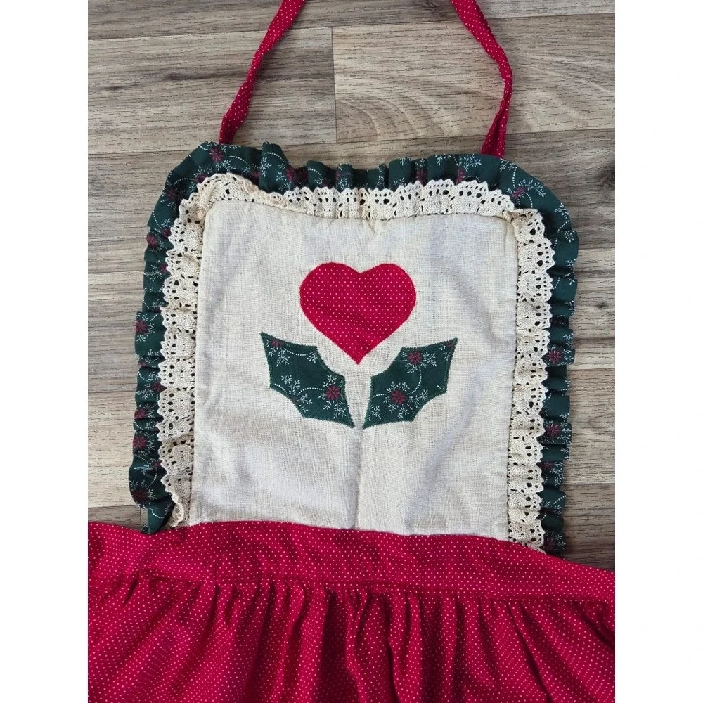 Handmade Christmas Apron Red Polka Dot Heart Holly Applique Cottagecore Holiday